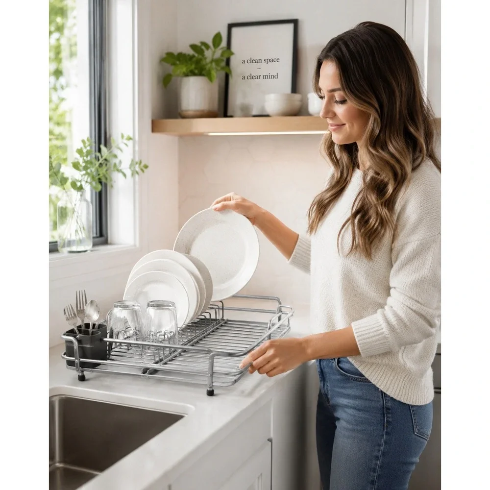Silver Metal Dish Drying Rack‎ Countertop Kitchen Organizer Holder
